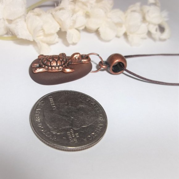 Copper and Brown Turtle Necklace Faux Beach Glass Vacation Wear Jewelry Set 7055 - Picture 5 of 12